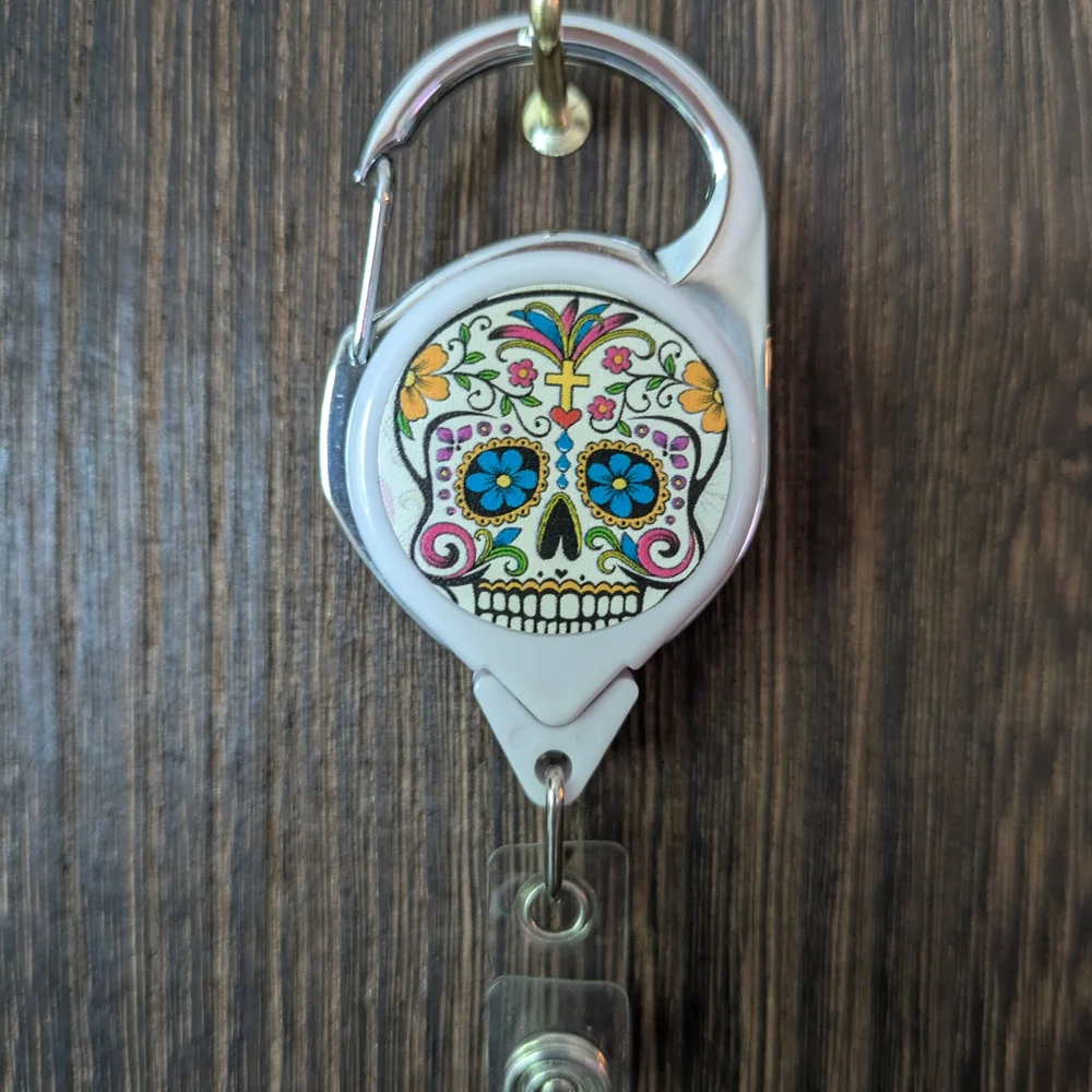 Sugar Skull Badge Holder with Retractable Reel - White